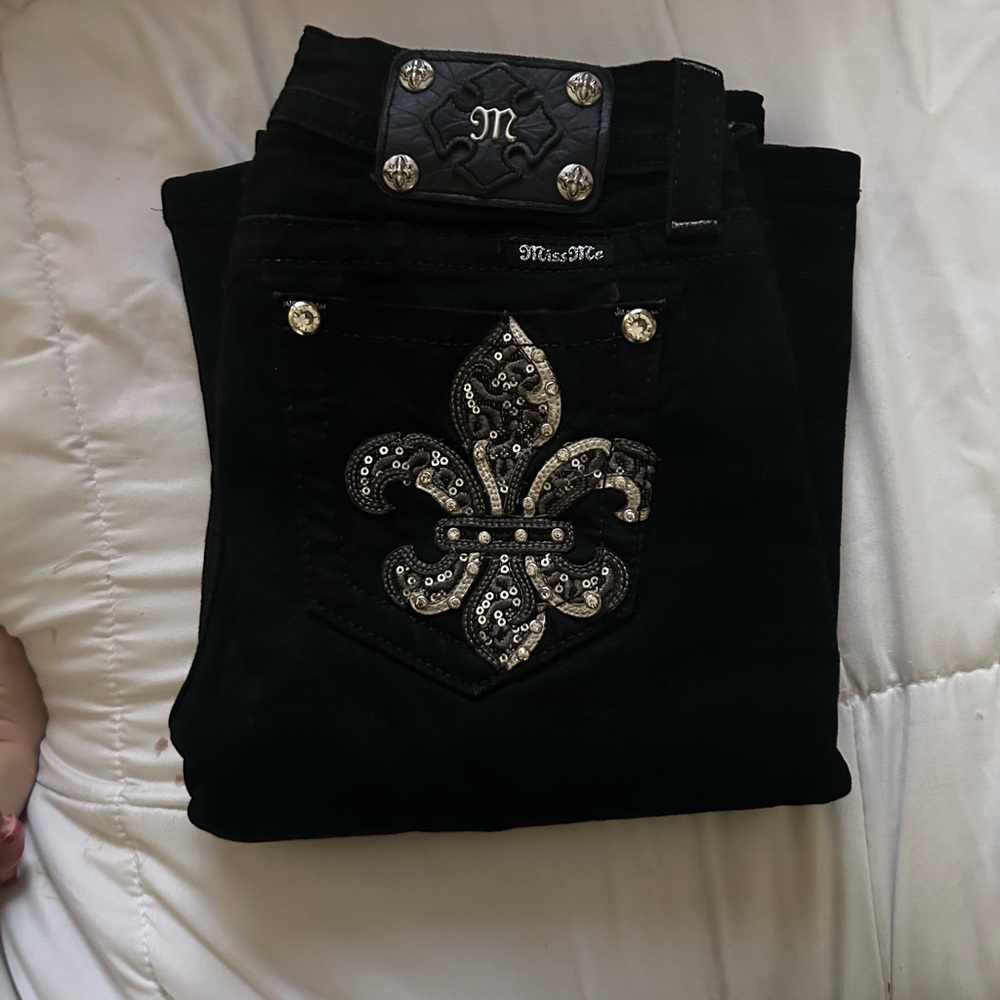 Miss Me Black Jeans with Silver Fleur-de-Lis